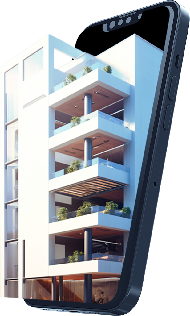 Imagem ilustrando um edifício moderno visto através de um smartphone, representando o aplicativo de gestão de condomínios da Mapa Tecnologia para controle digital de acessos, monitoramento e automação predial.