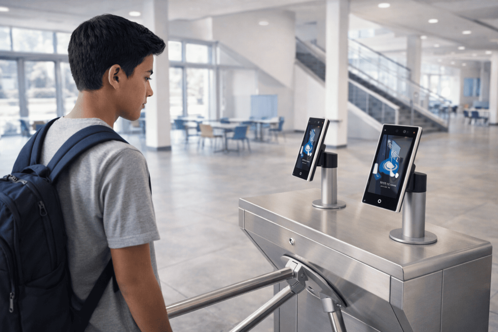 Aluno utilizando sistema de controle de acesso escolar com reconhecimento facial do CONECTA+ da Mapa Tecnologia