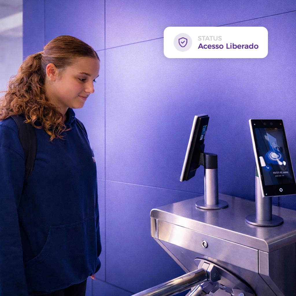Aluna passando pela catraca com reconhecimento facial integrado ao Conecta+ para controle de acesso escolar
